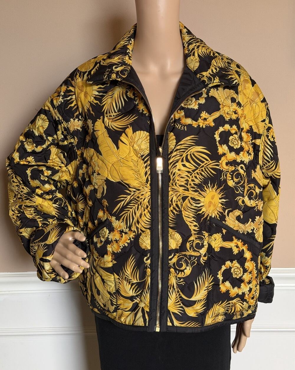 Versace Reversible Barocco Palm Quilted Jacket Black Gold 50 Euro 1022974 NWT